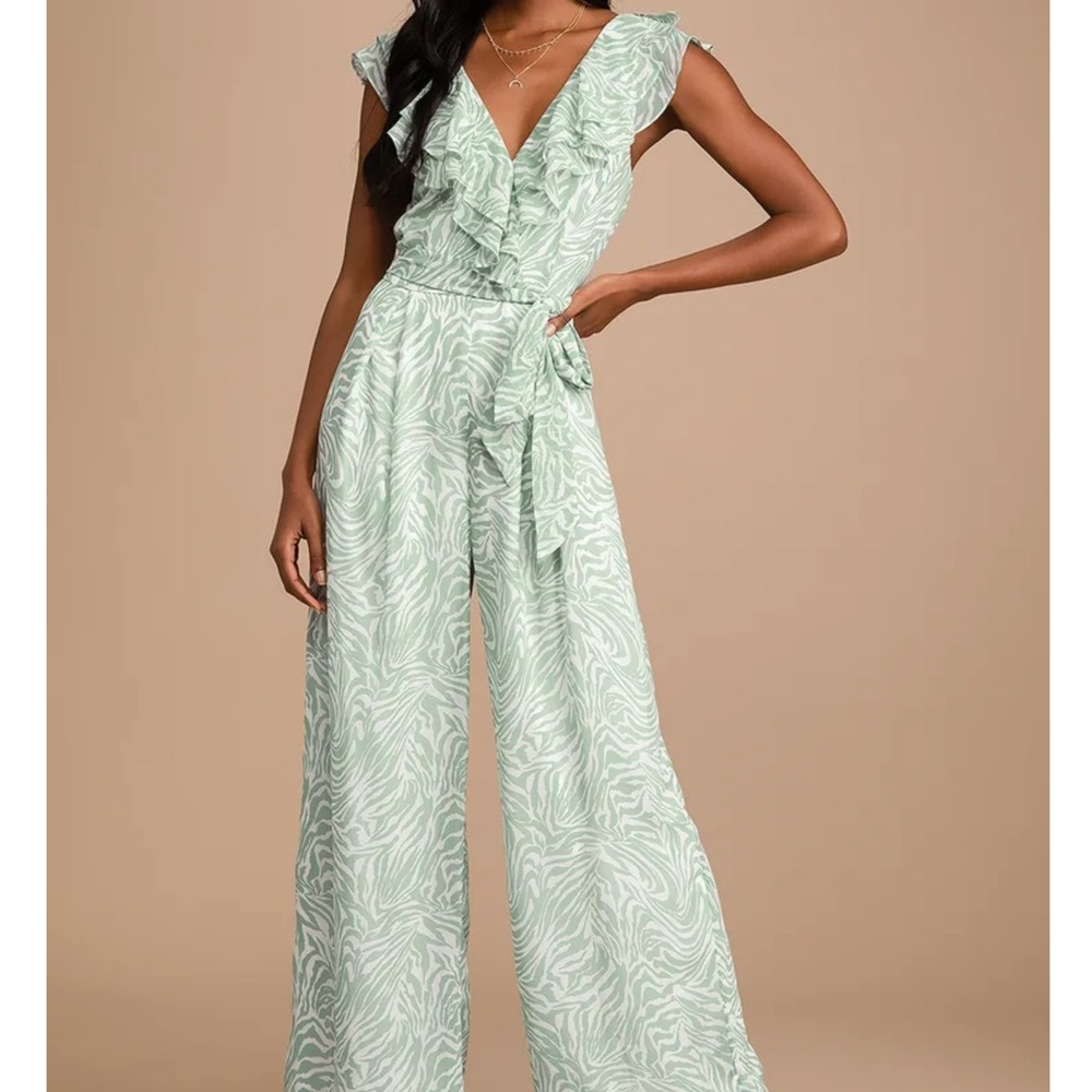 LULUS Vacay Vibes Sage Green Animal Print Ruffled Wide-Leg Jumpsuit